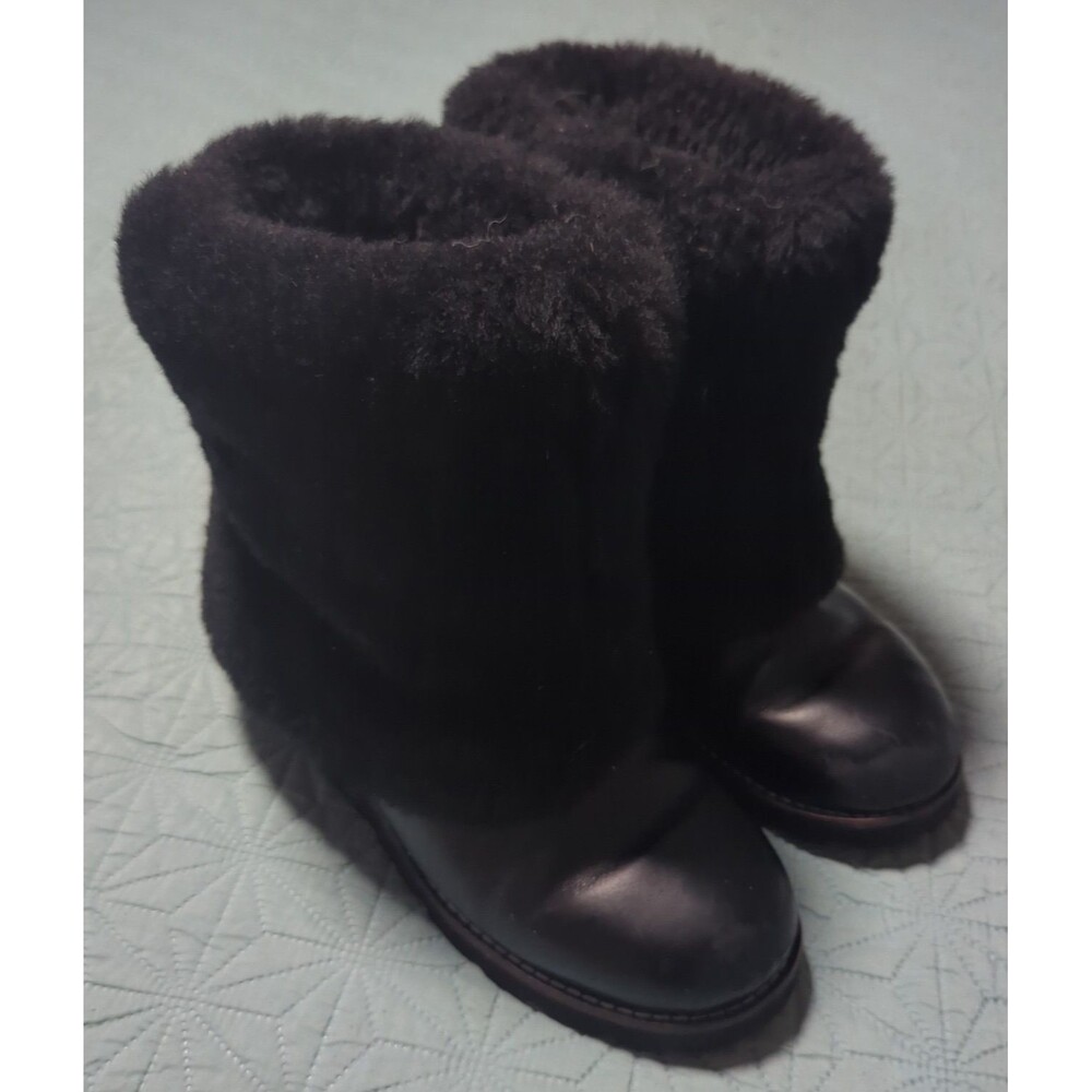 UGG Maylin Black Leather Sheepskin Lined Cuffed Mid Calf Boots Women's 6 Retired
